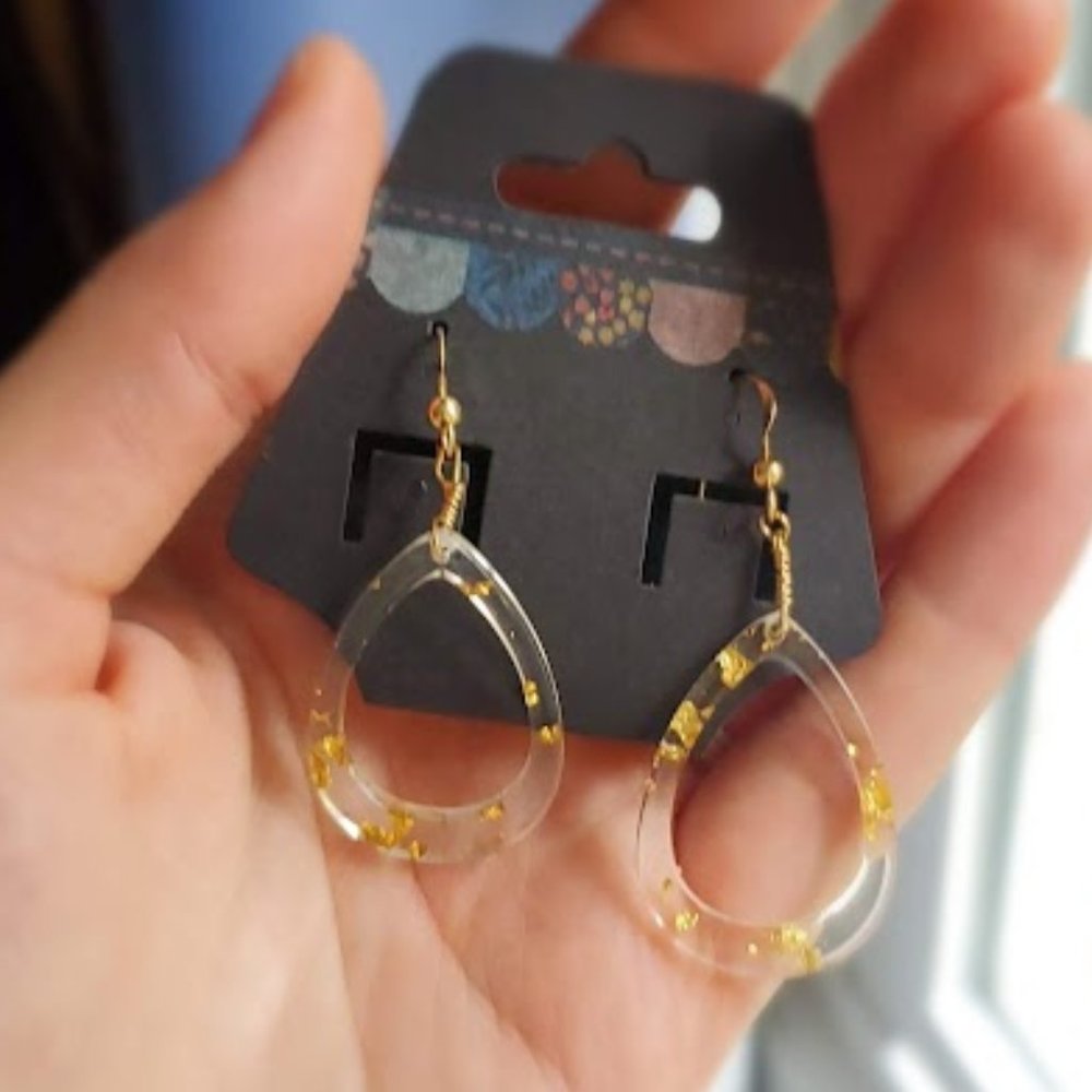 Handmade Earrings - Clear Acetate filled with "gold leaf". Gold filled hooks.